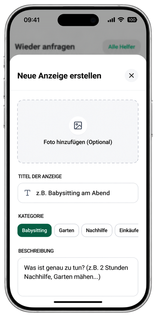 Neybor-App, Formular „Neue Anzeige erstellen“: optionales Foto, Titel der Anzeige, Auswahl der Kategorie und ein Feld für die Beschreibung.