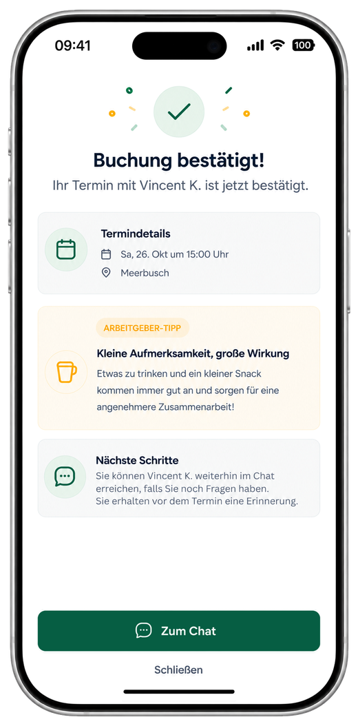 Neybor-App, bestätigte Buchung: Termindetails mit Datum und Ort, ein Tipp für Auftraggeber und die nächsten Schritte.