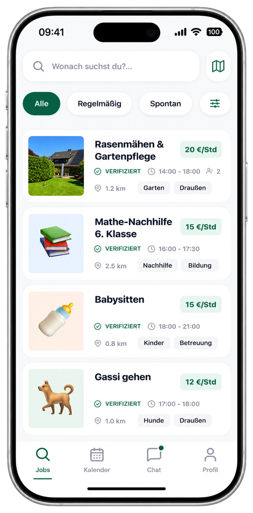 Neybor-App, Jobsuche: Anzeigen aus der Nachbarschaft, darunter „Rasenmähen & Gartenpflege“ für 20 € pro Stunde in 1,2 km Entfernung und „Mathe-Nachhilfe 6. Klasse“ für 15 € pro Stunde.